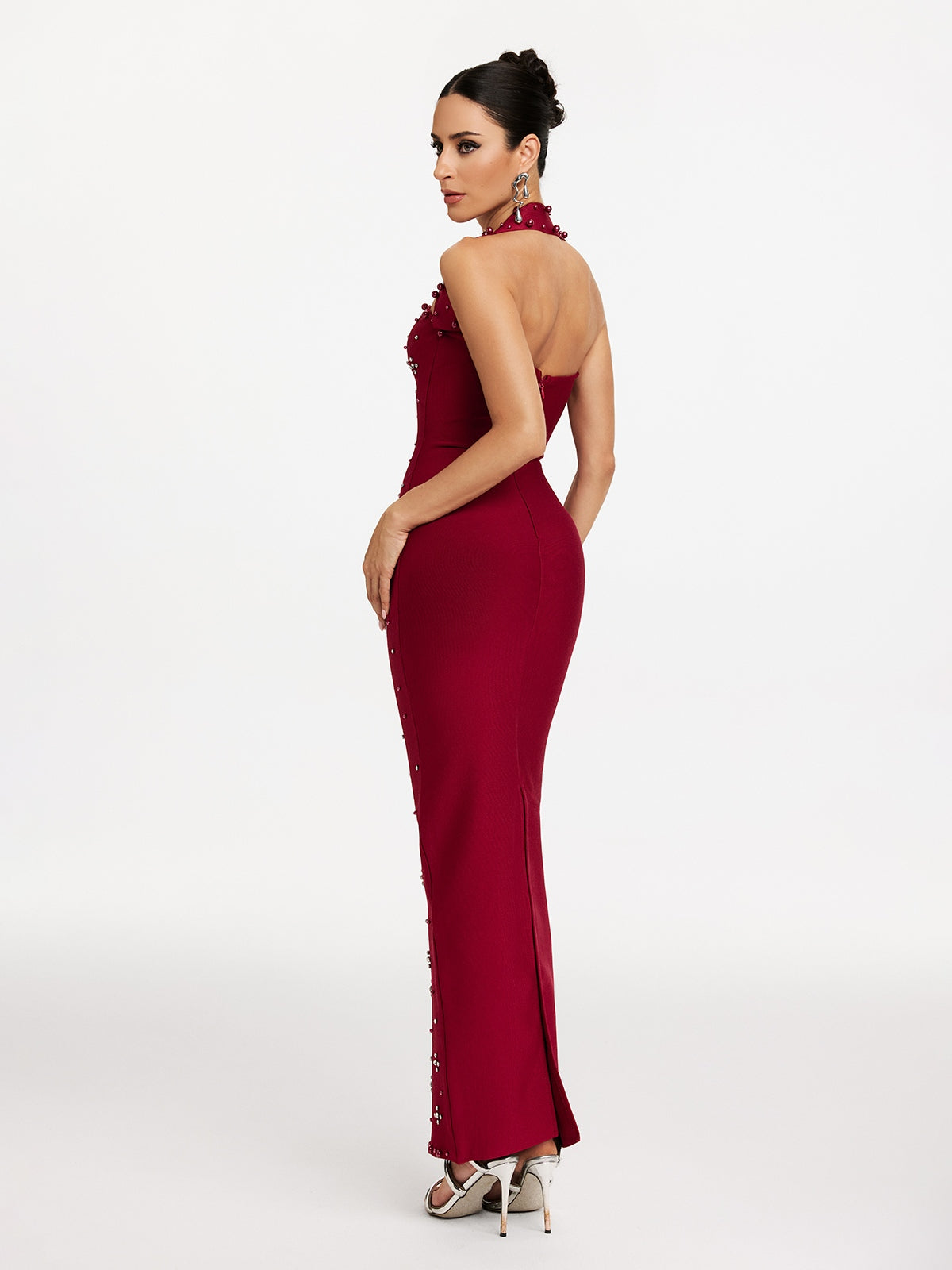 Halter Neck Pearl Rhinestone Bandage Mermaid Maxi Gown