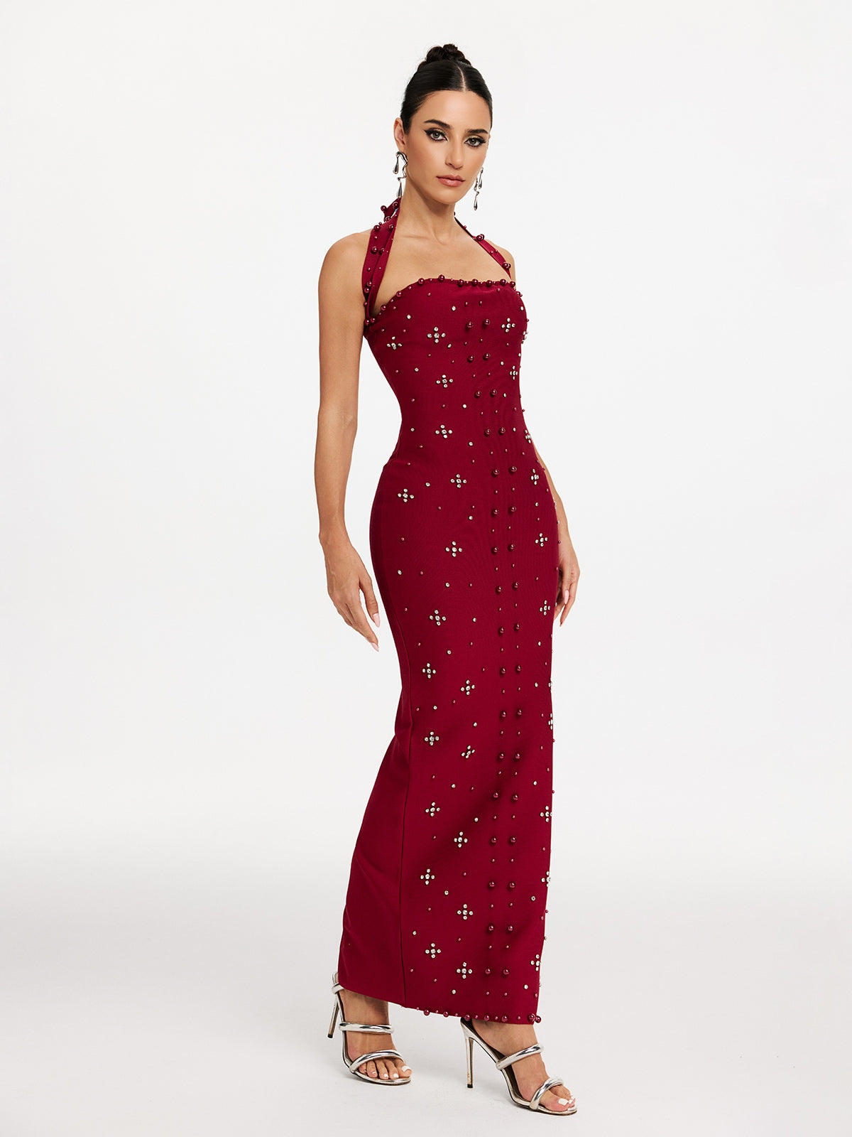 Halter Neck Pearl Rhinestone Bandage Mermaid Maxi Gown