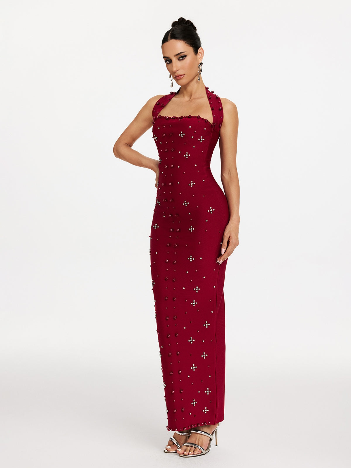 Halter Neck Pearl Rhinestone Bandage Mermaid Maxi Gown
