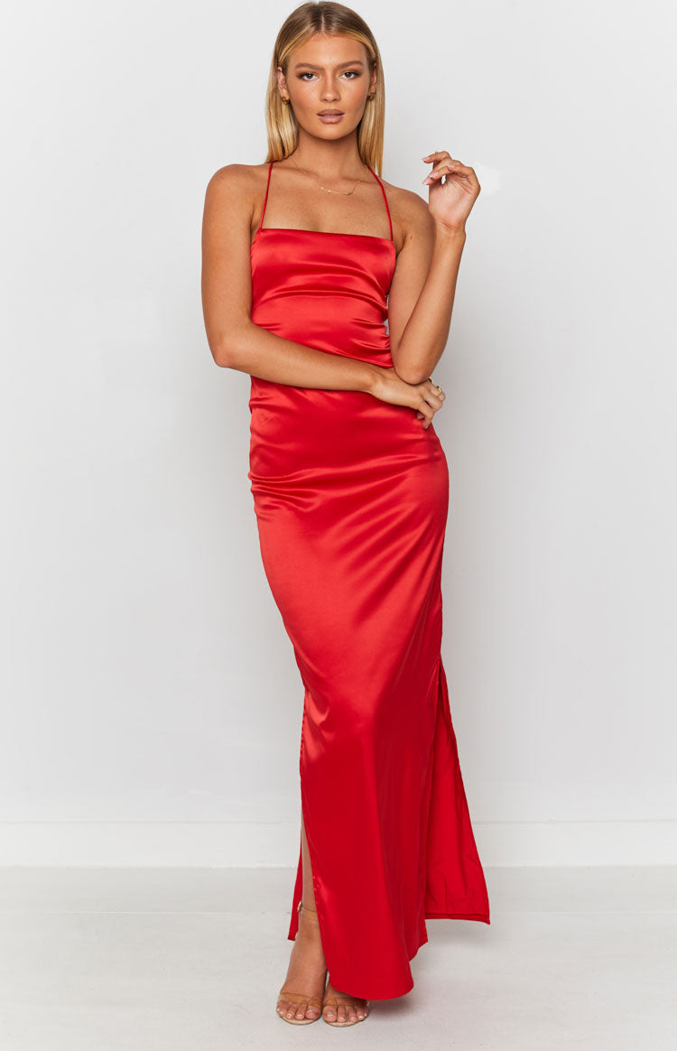 Satin Square Neck Tie Back Side Split Formal Slip Maxi Dress 3