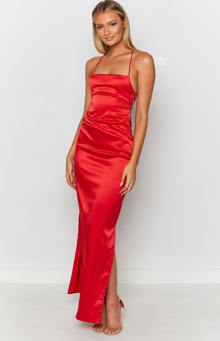 Satin Square Neck Tie Back Side Split Formal Slip Maxi Dress 4