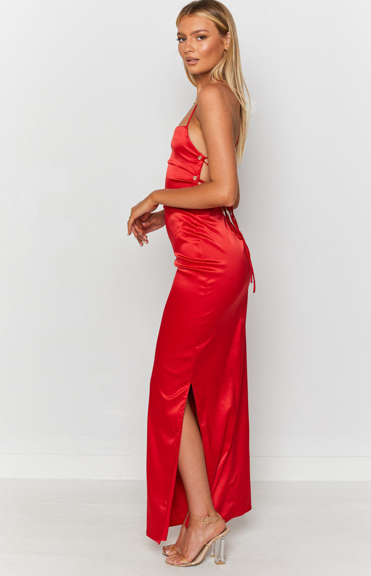 Satin Square Neck Tie Back Side Split Formal Slip Maxi Dress 5