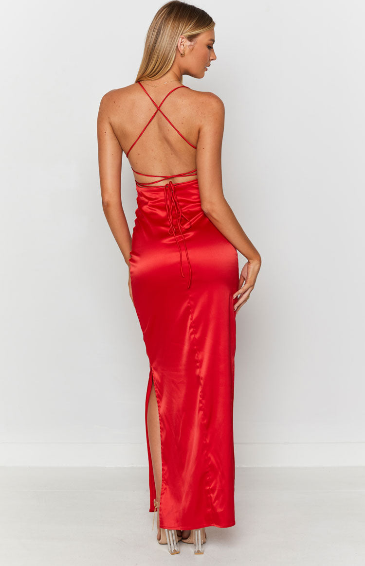 Satin Square Neck Tie Back Side Split Formal Slip Maxi Dress 6