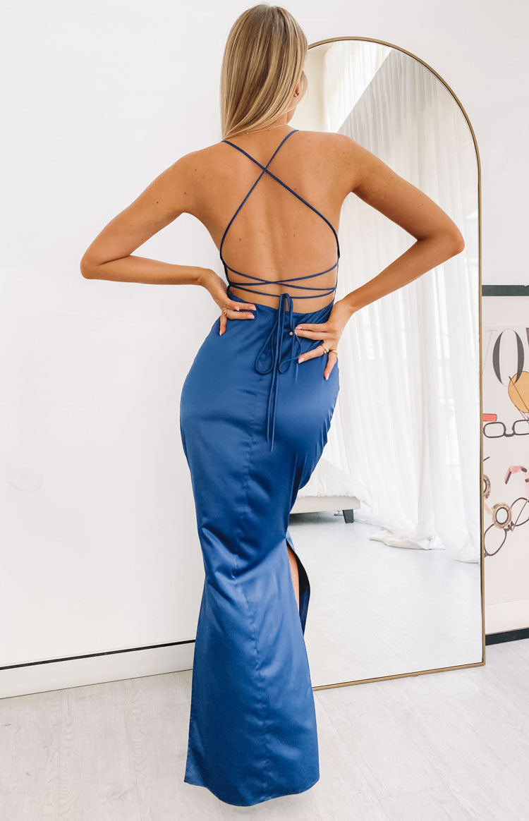 Satin Square Neck Cross Back Side Split Slip Formal Maxi Dress 7