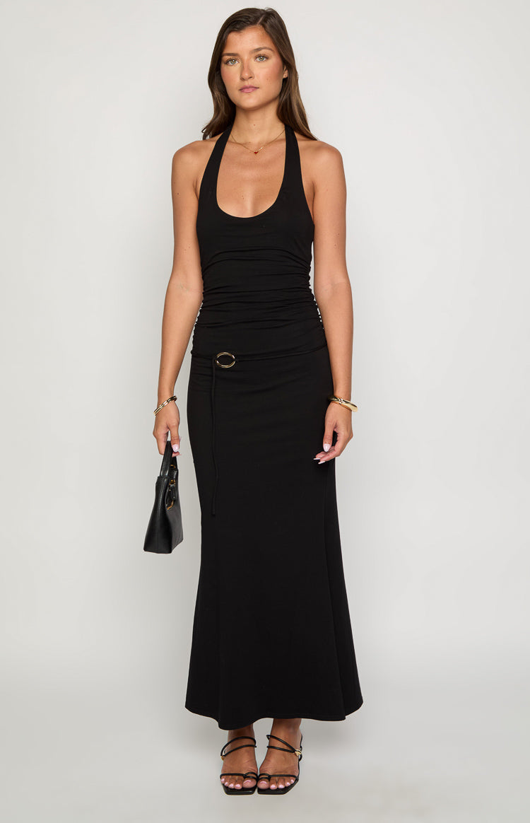 Halter Scoop Neck Ring Belt Ruched Fitted Maxi Dress 2