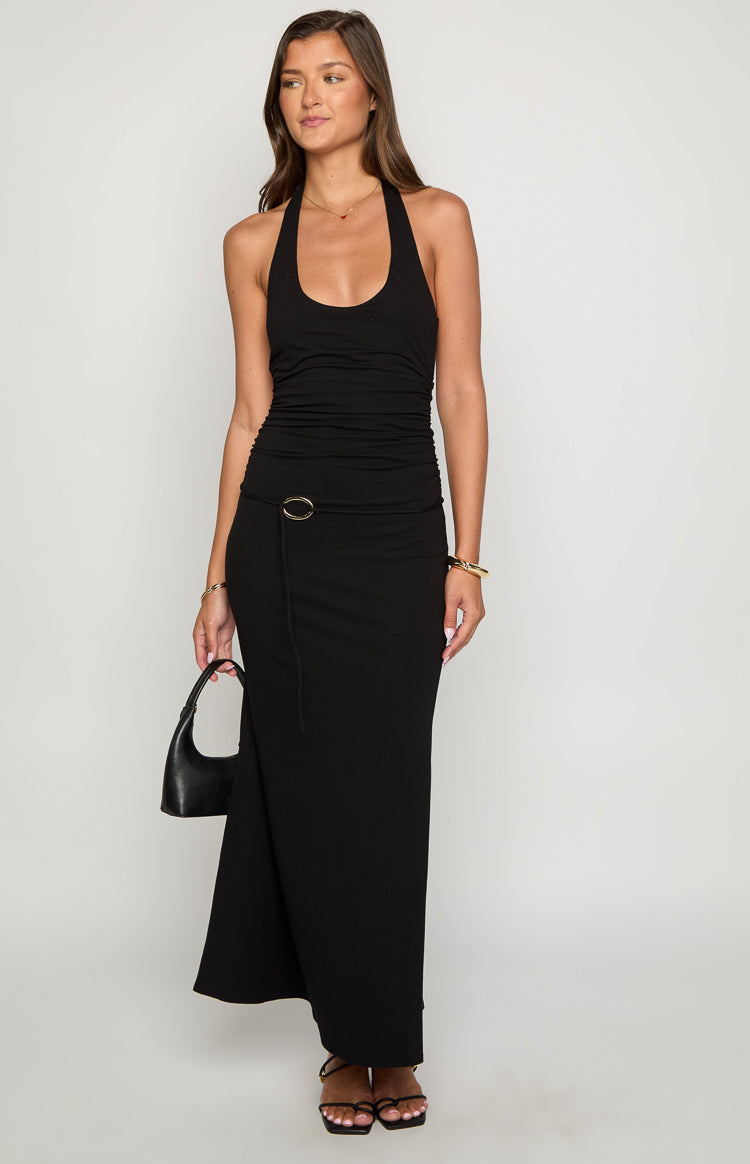 Halter Scoop Neck Ring Belt Ruched Fitted Maxi Dress 3