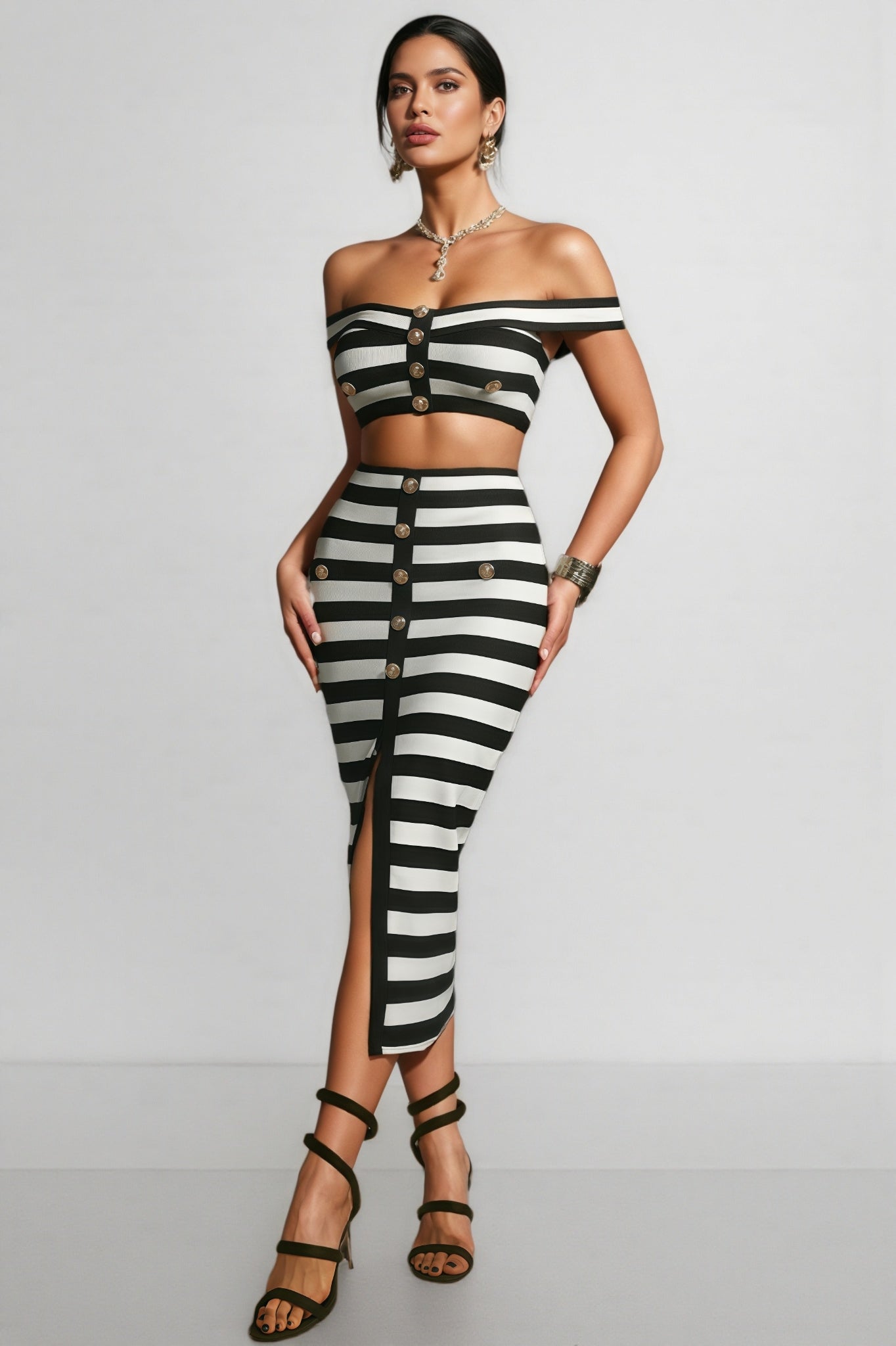 Dravlk Off Shoulder Bandage Midi Dress Set - View 2