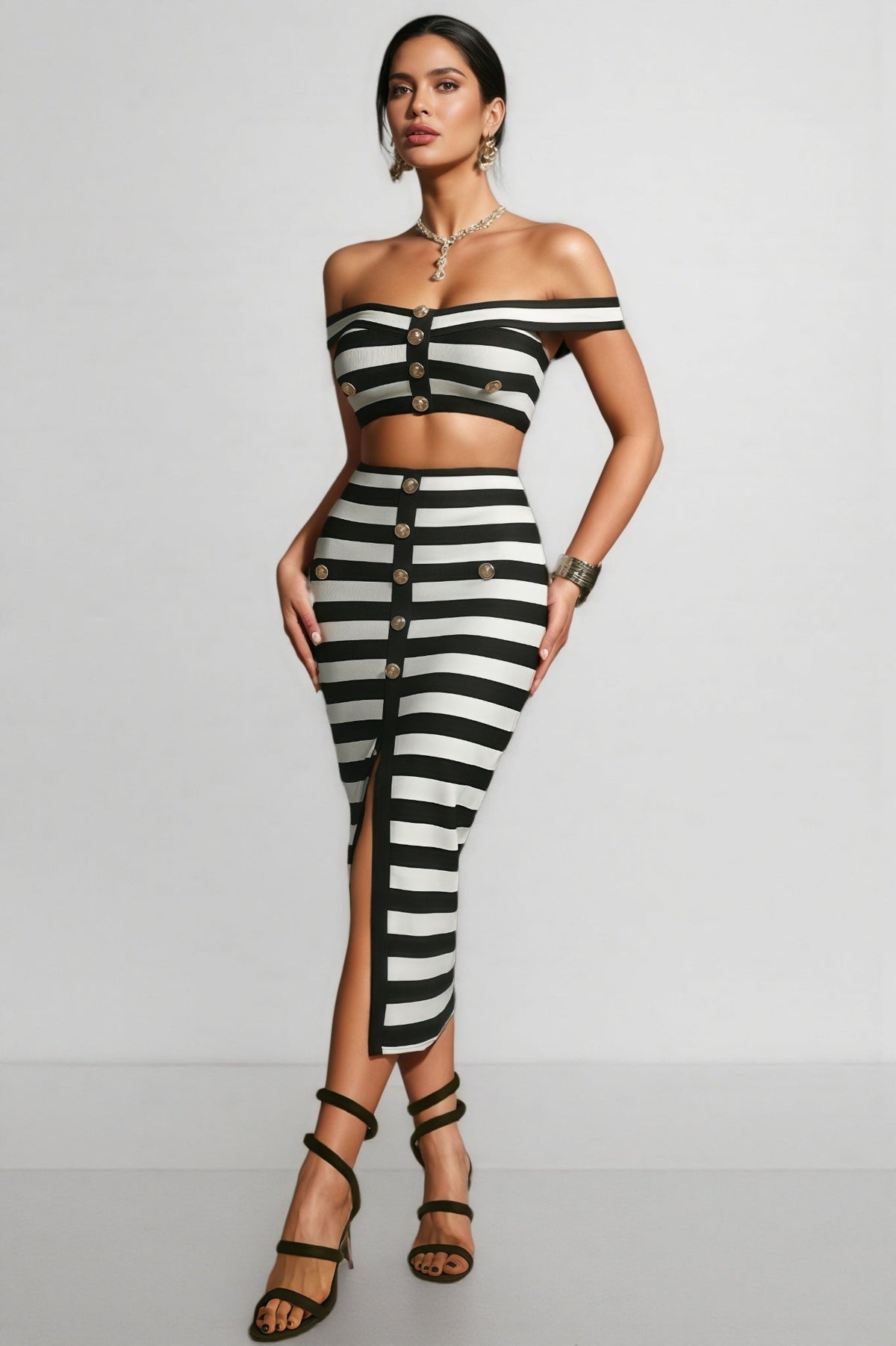 Striped Off Shoulder Crop Top and Button Front Split Midi Skirt Two Piece Set 2