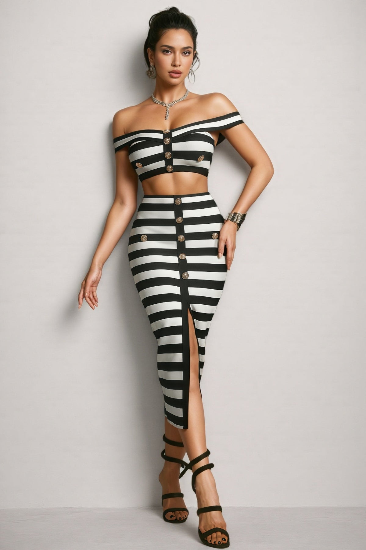 Striped Off Shoulder Crop Top and Button Front Split Midi Skirt Two Piece Set