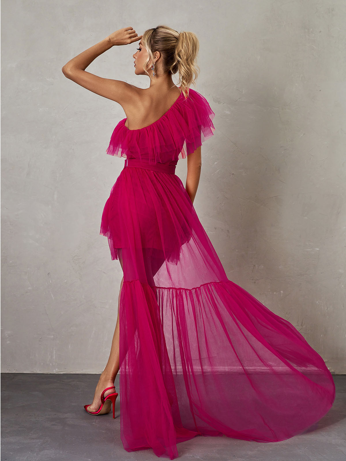 Tulle One Shoulder Ruffle High Low Tiered Mini Dress