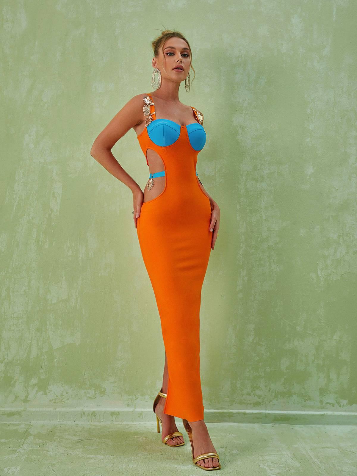 Rhinestone Flower Strap Sweetheart Waist Cut Out Bandage Maxi Dress
