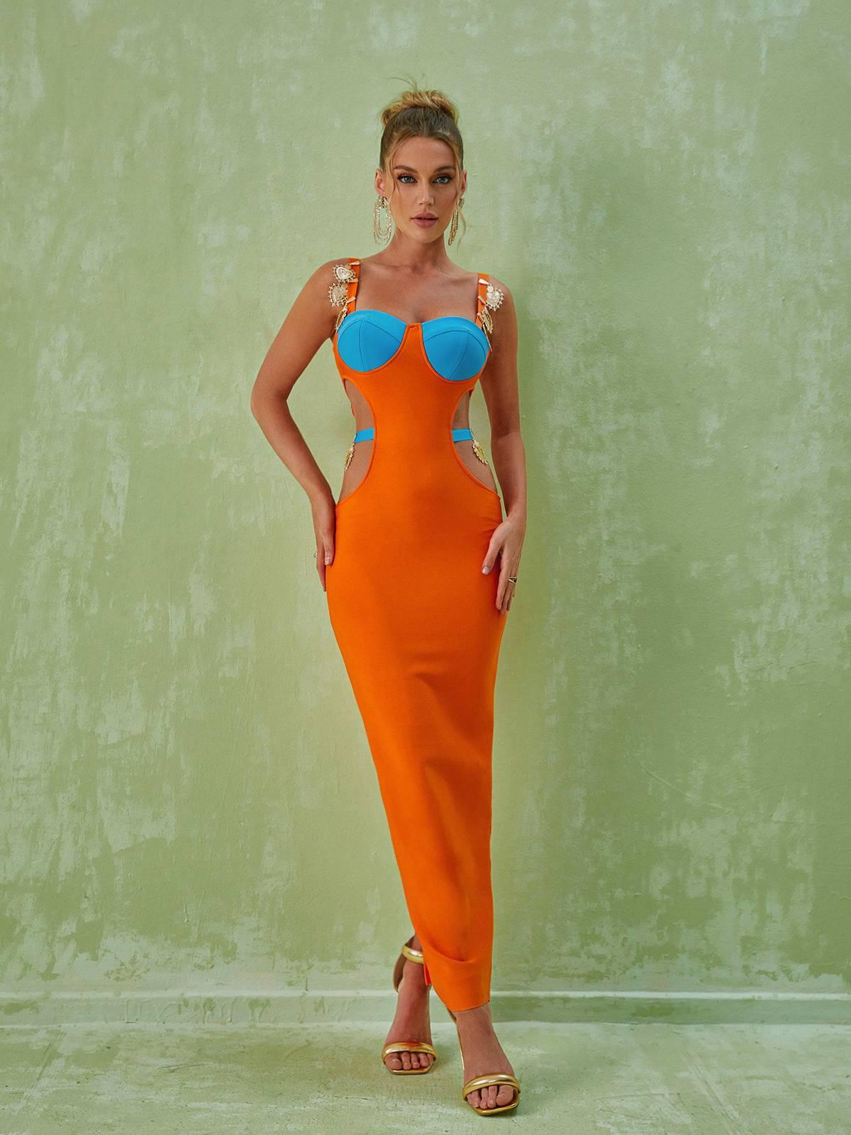 Medallion Strap Corset Sweetheart Cut Out Bandage Maxi Dress