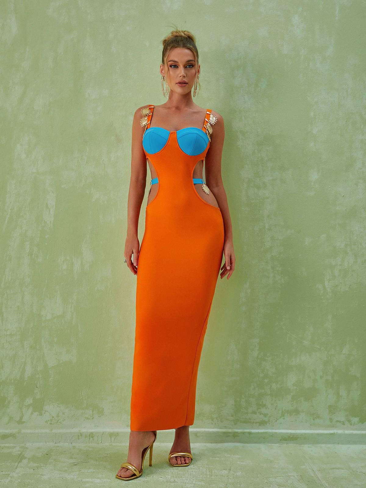 Rhinestone Flower Strap Sweetheart Waist Cut Out Bandage Maxi Dress
