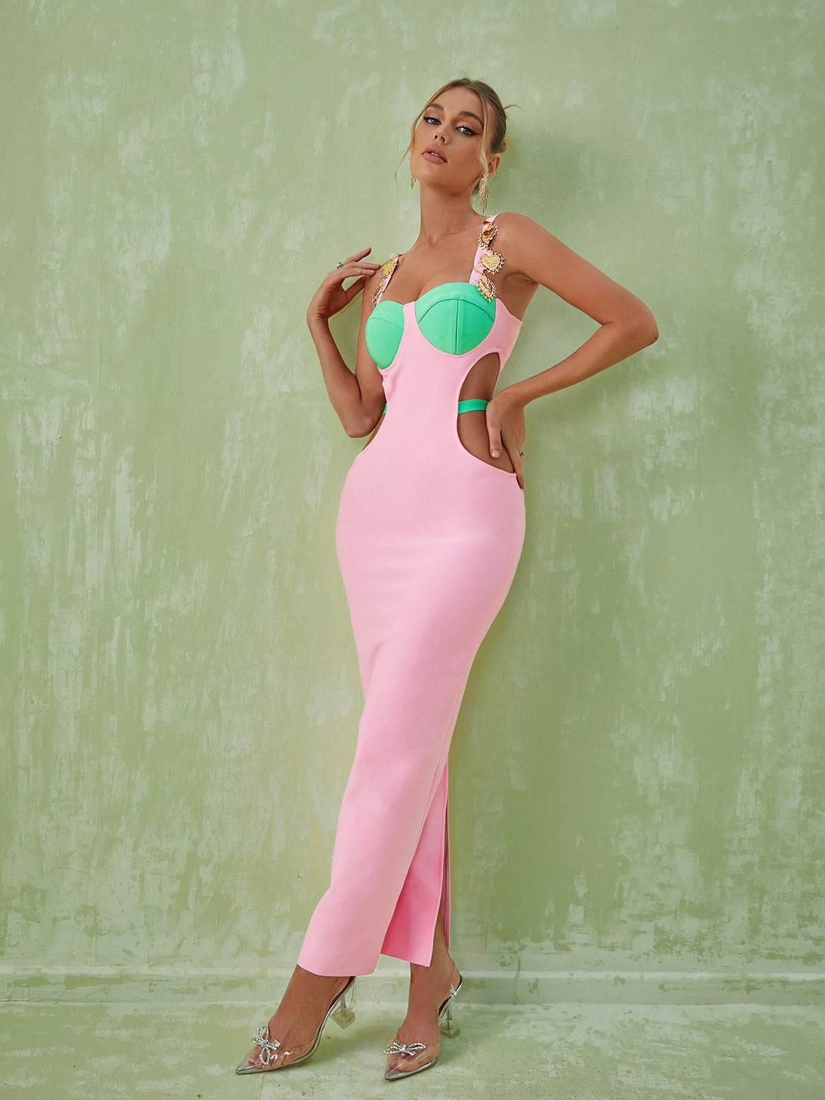 Medallion Strap Corset Sweetheart Cut Out Bandage Maxi Dress