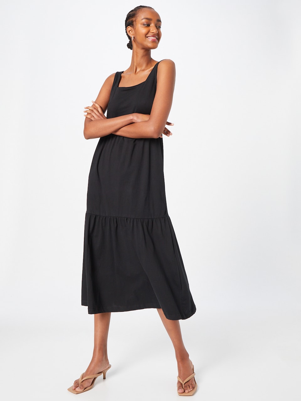 Square Neck Wide Strap Sleeveless Tiered Knit Midi Summer Dress