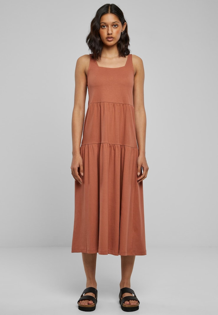 Square Neck Wide Strap Sleeveless Tiered Knit Midi Summer Dress