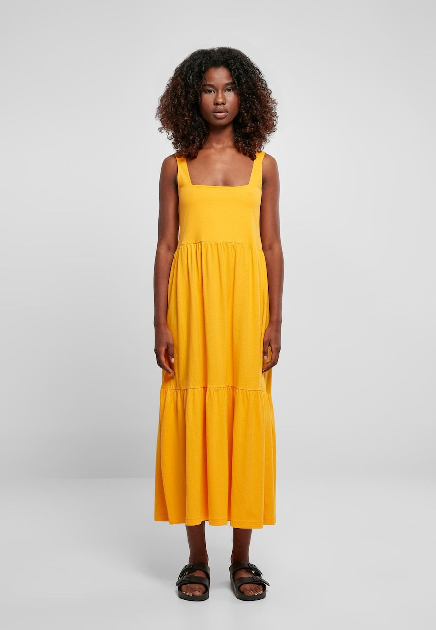 Square Neck Wide Strap Sleeveless Tiered Knit Midi Summer Dress
