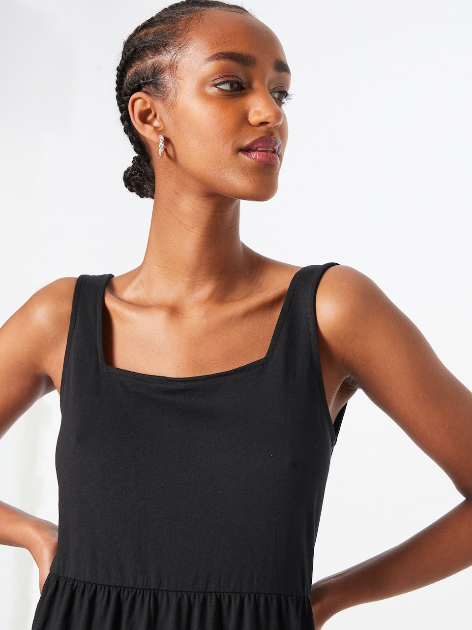 Square Neck Wide Strap Sleeveless Tiered Knit Midi Summer Dress