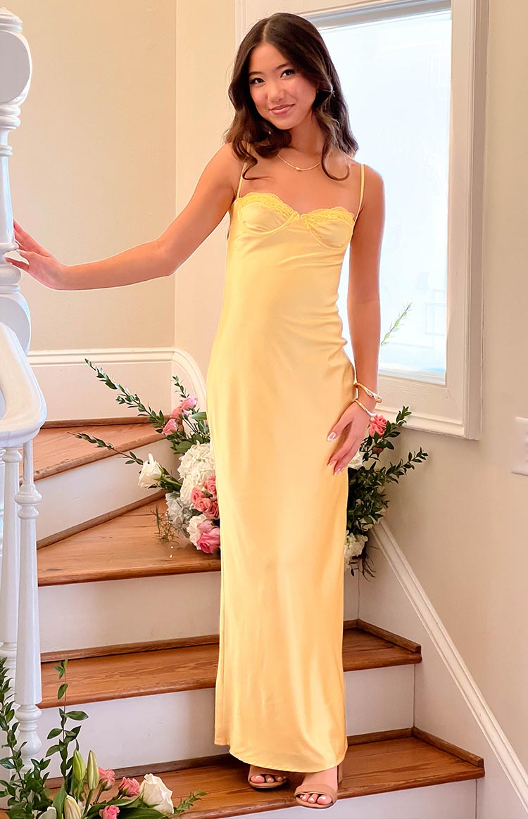 Satin Lace Trim Sweetheart Cami Bias Cut Maxi Dress