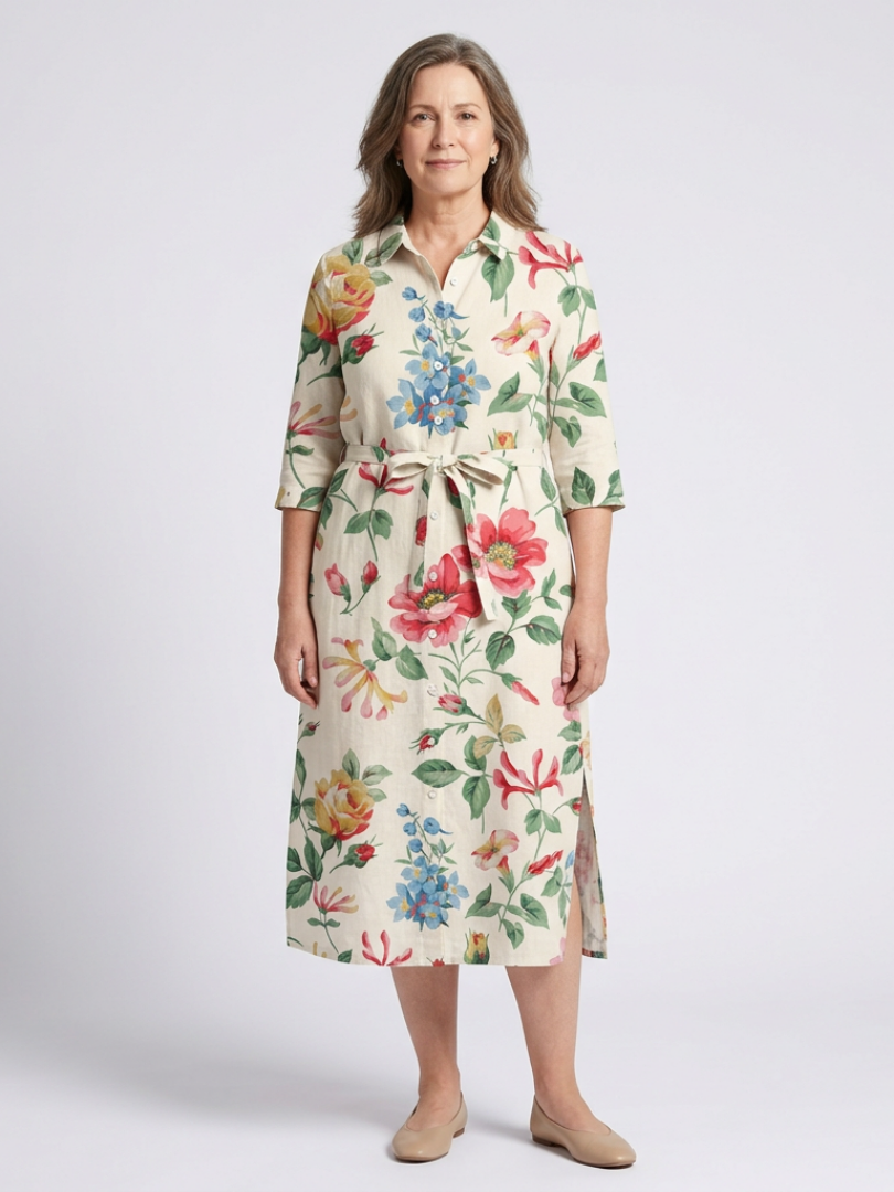 Floral Collared Long Sleeve Belted Side Split Shirt Midi Dress