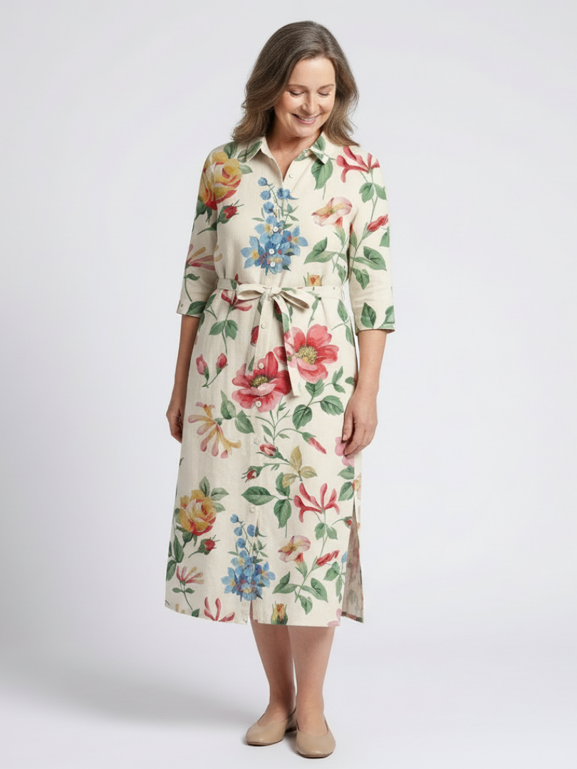 Floral Collared Long Sleeve Belted Side Split Shirt Midi Dress