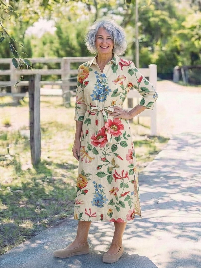 Floral Collared Long Sleeve Belted Side Split Shirt Midi Dress