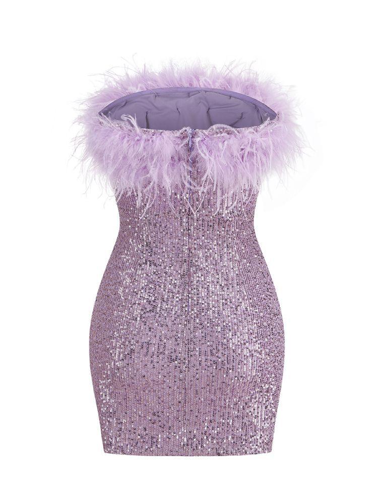 Sequin Strapless Marabou Feather Trim Bodycon Mini Dress