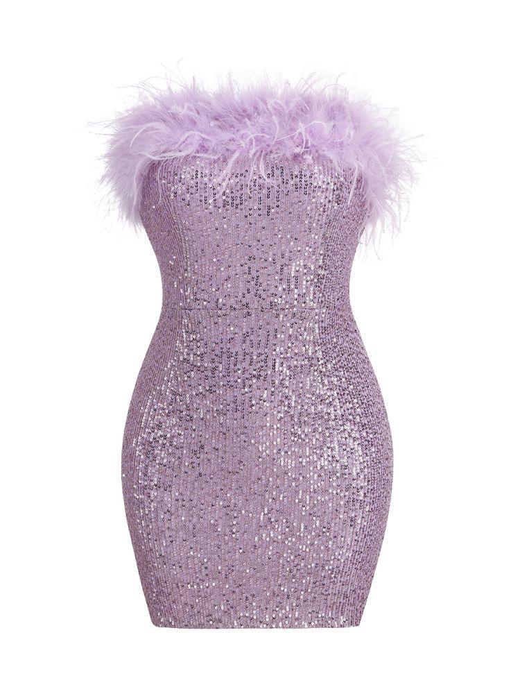 Sequin Strapless Marabou Feather Trim Bodycon Mini Dress
