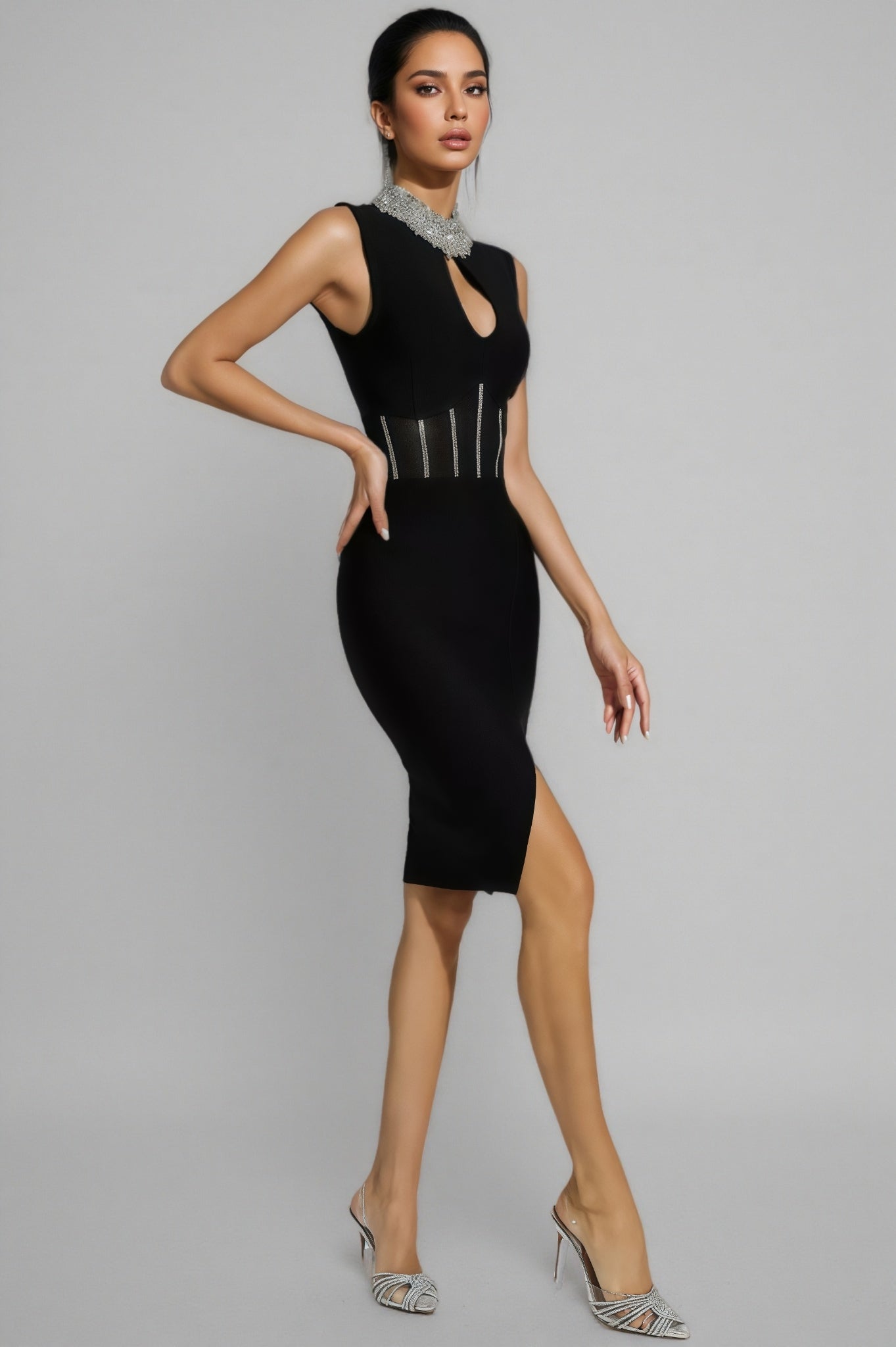 Rhinestone Collar Keyhole Cut Out Corset Mesh Panel Wrap Slit Bandage Midi Dress