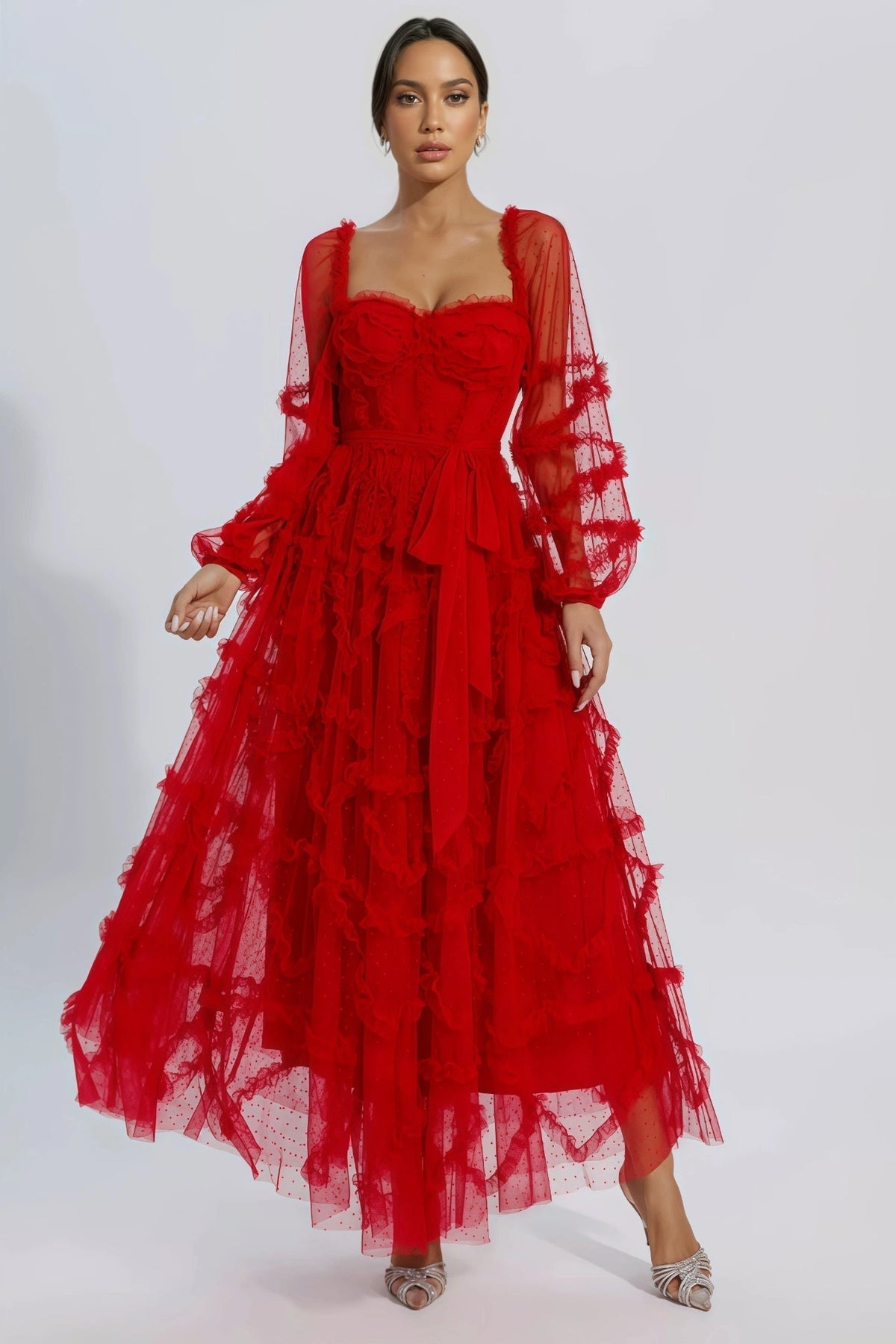 Sweetheart Neck Sheer Long Sleeve Ruffle Tiered Tulle Maxi Dress