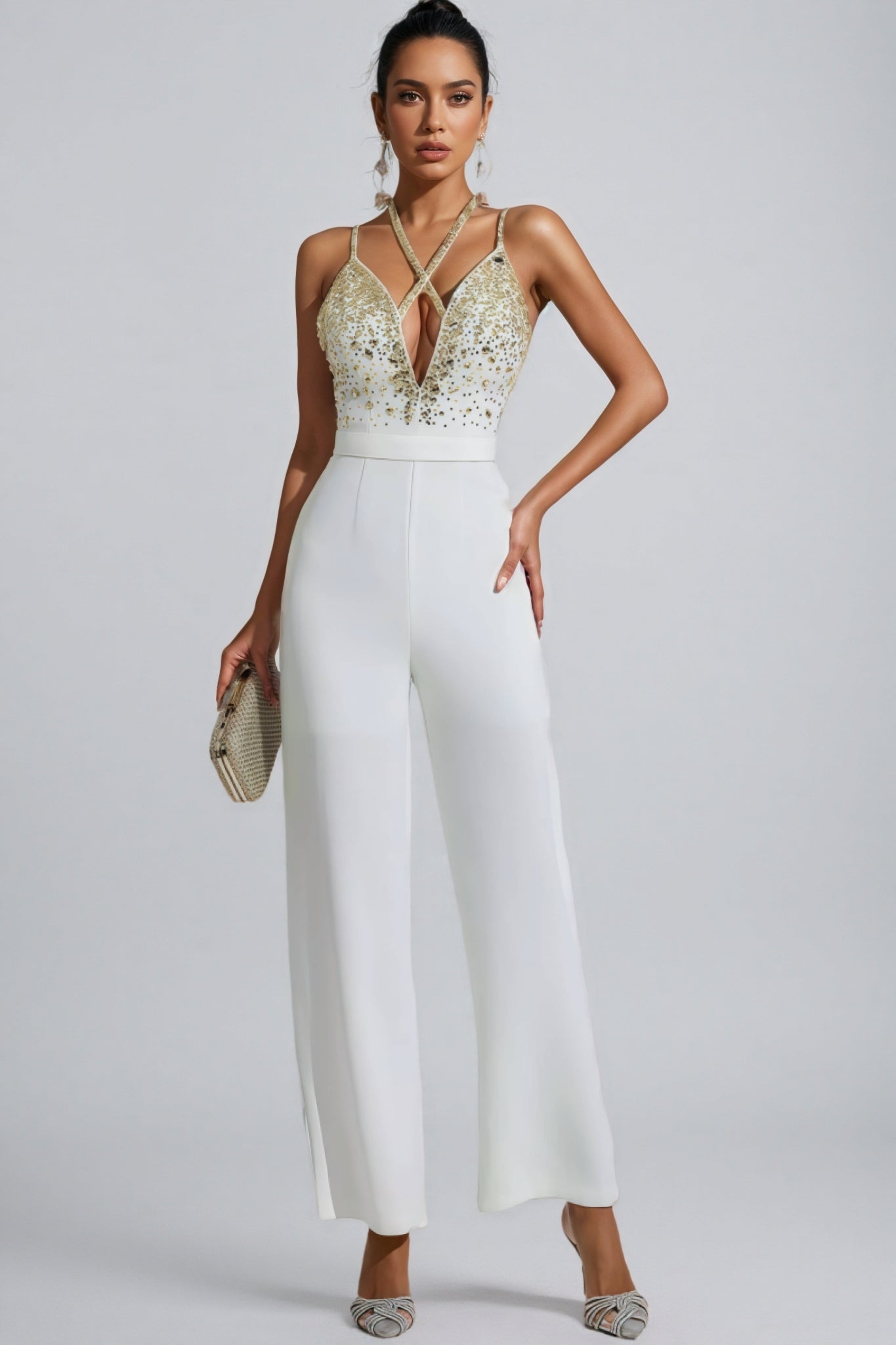 Sequin Deep V-Neck Cross Strap Wide Leg Jumpsuit