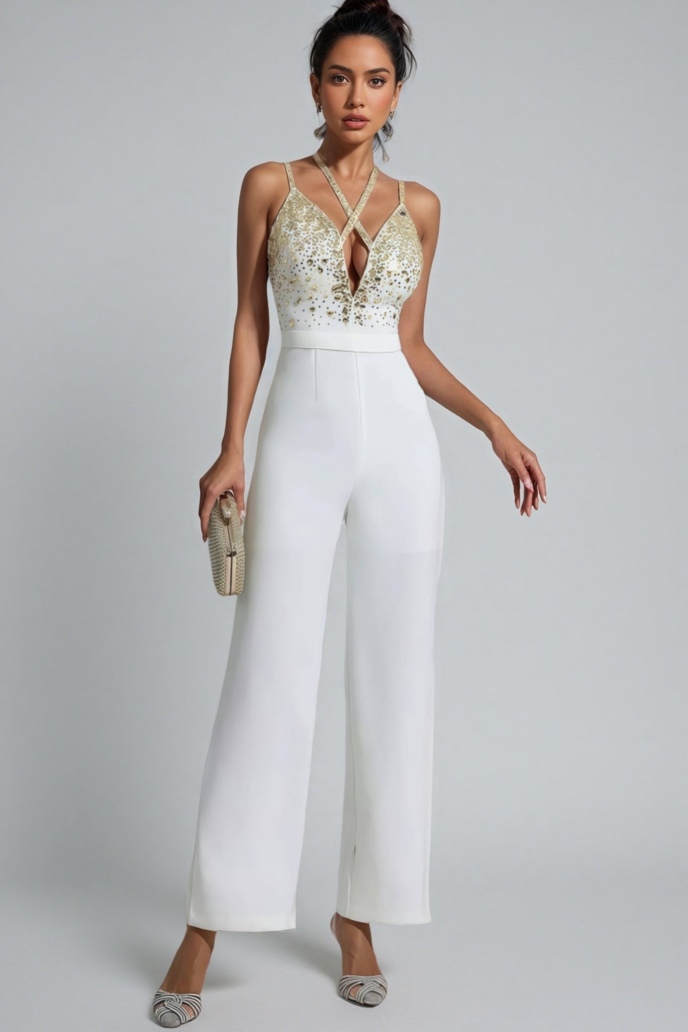 Sequin Deep V-Neck Cross Strap Wide Leg Jumpsuit