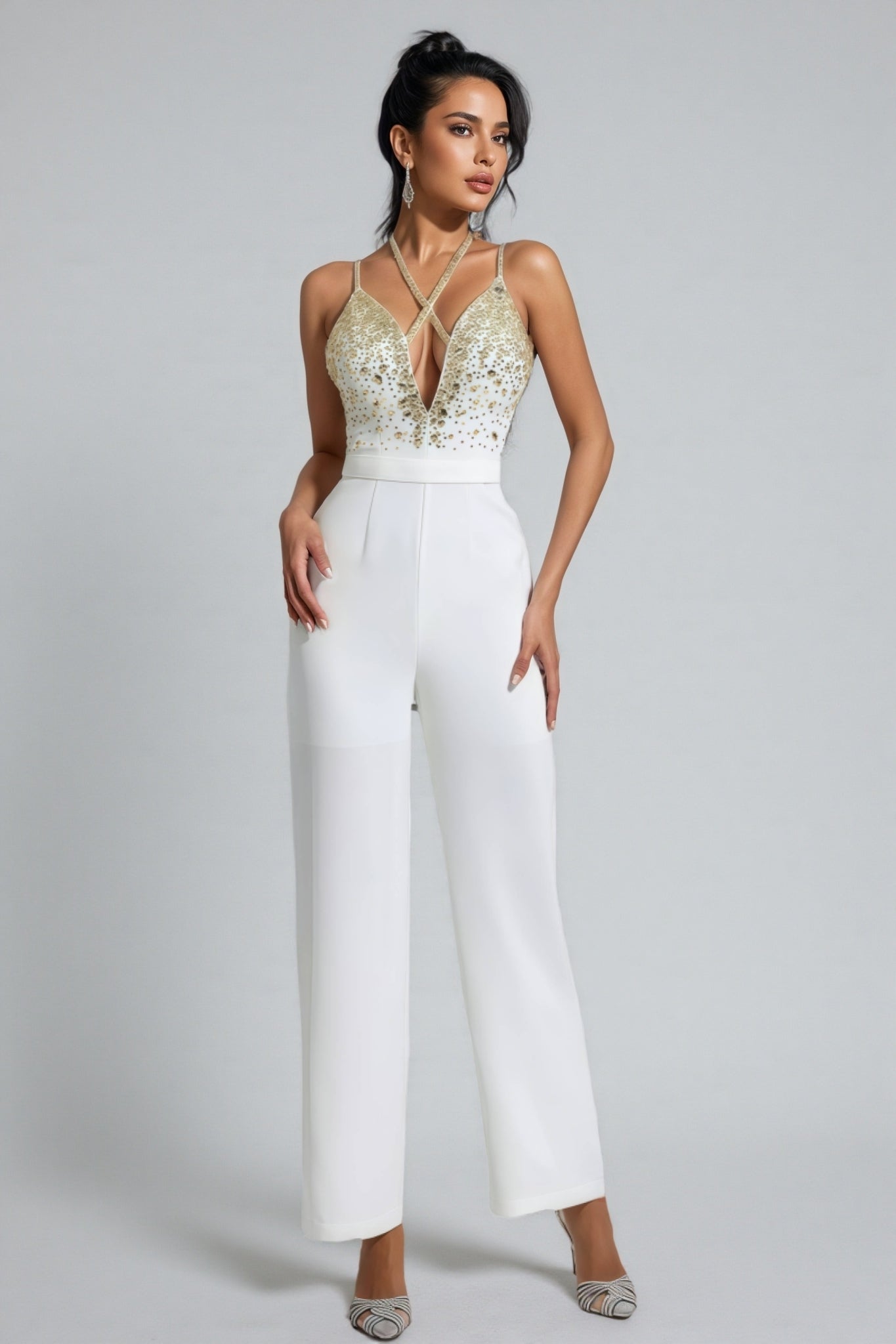 Sequin Deep V-Neck Cross Strap Wide Leg Jumpsuit