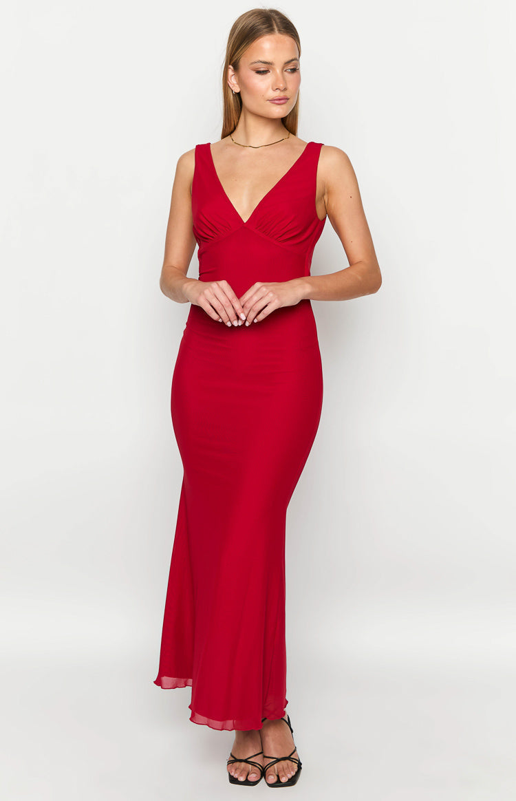 Mesh V-Neck Cami Gathered Bust Bodycon Maxi Dress 2