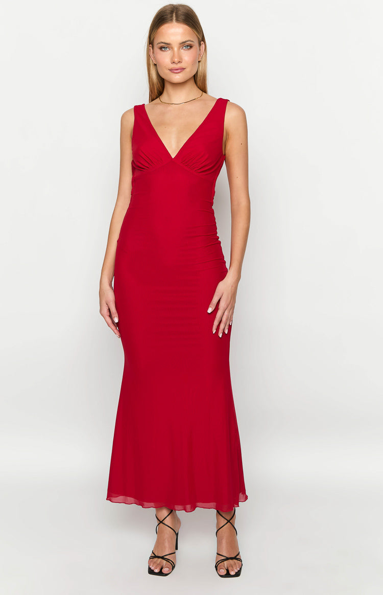 Mesh V-Neck Cami Gathered Bust Bodycon Maxi Dress 3