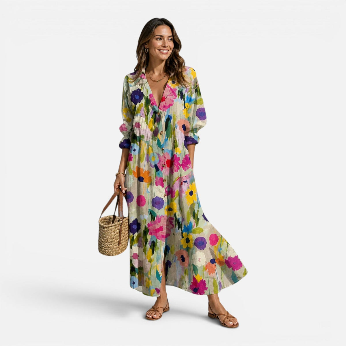 Floral Print Long Sleeve Button Front Tiered Maxi Dress