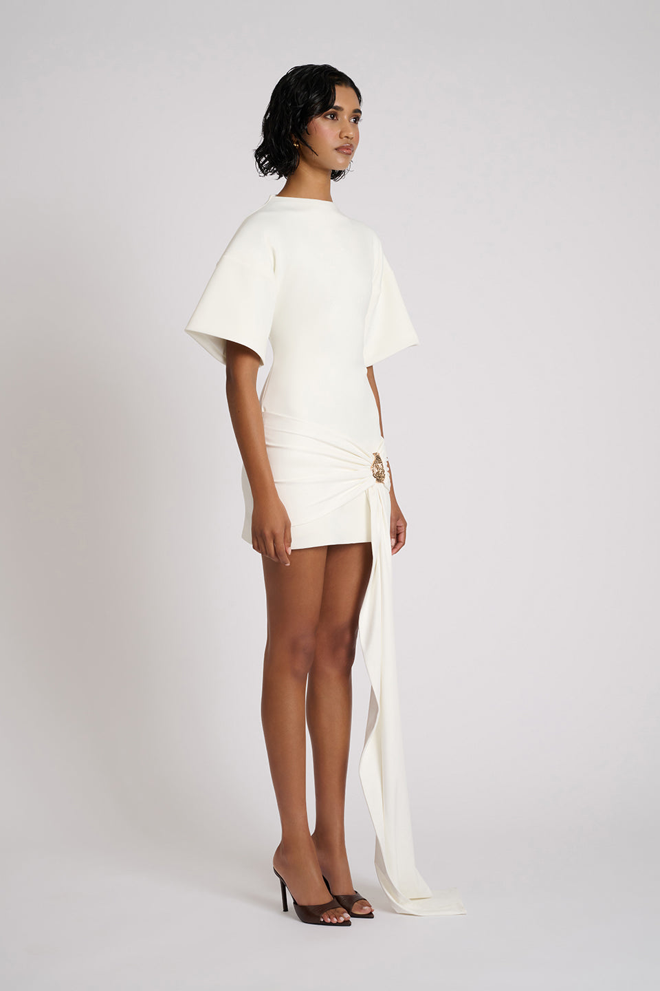 High Neck Short Sleeve Ruched Draped Mini Dress 3