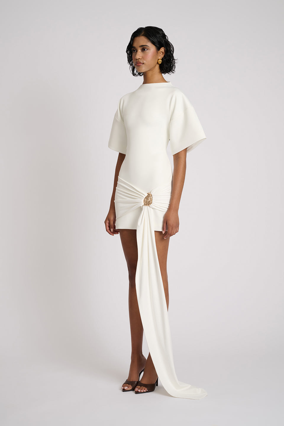 High Neck Short Sleeve Ruched Draped Mini Dress 5