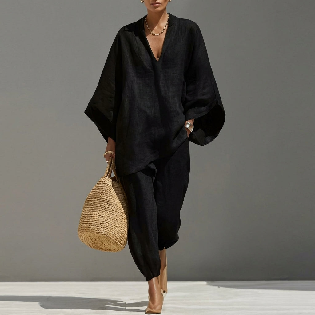 V-Neck Long Sleeve Top and Tapered Pants Two Piece Set