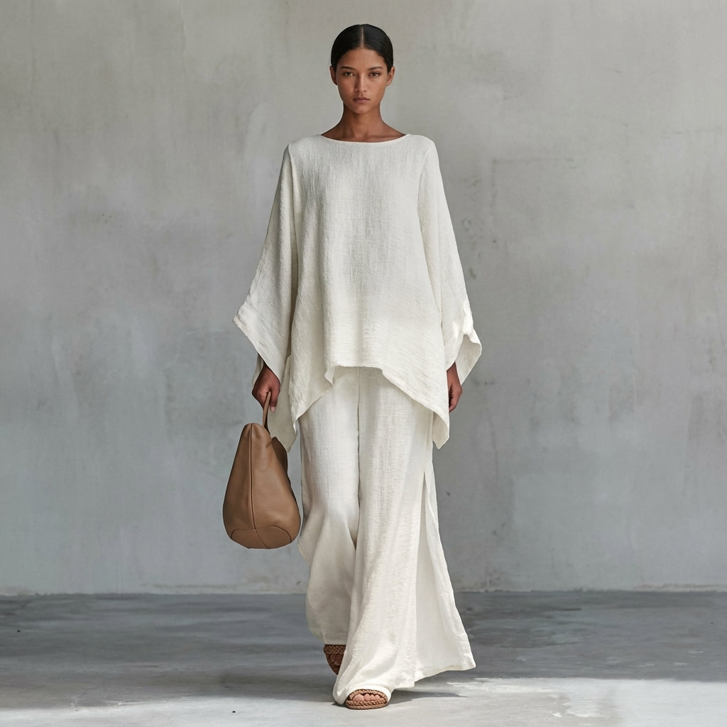 Boat Neck Oversized Top and Wide Leg Pants Two Piece Set