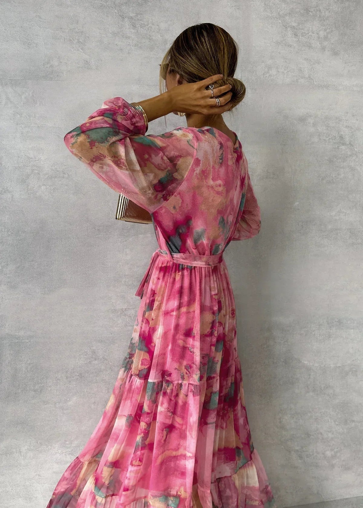 Floral Chiffon V-Neck Long Sleeve Tiered Belted Maxi Dress