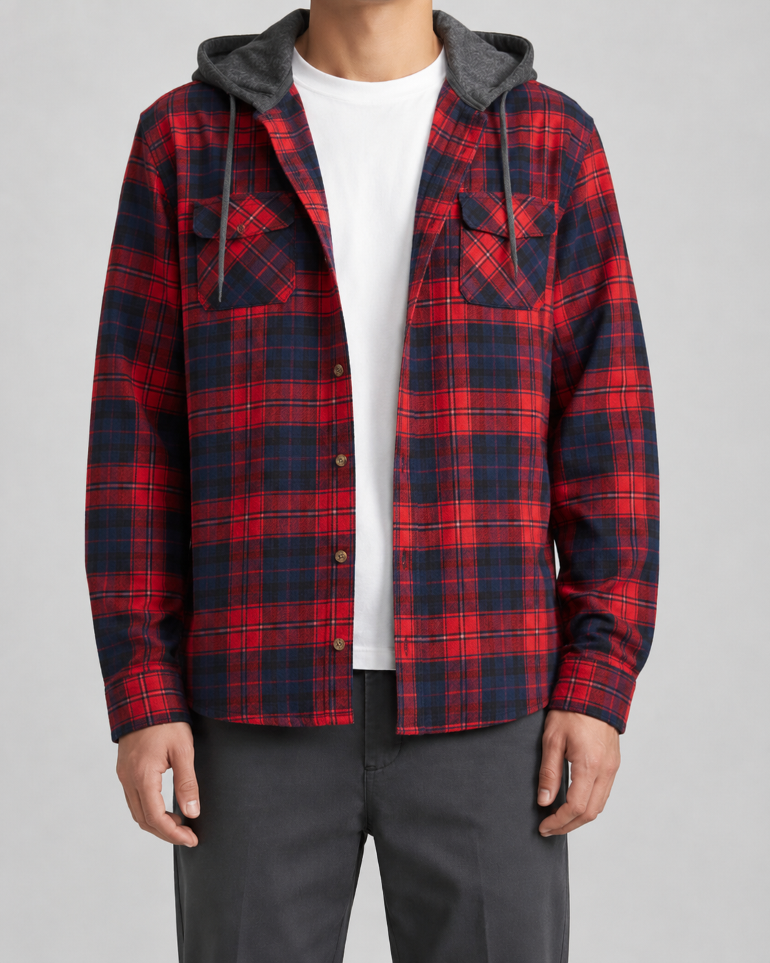 Men’s Hooded Check Overshirt – Relaxed Button-Up Layer