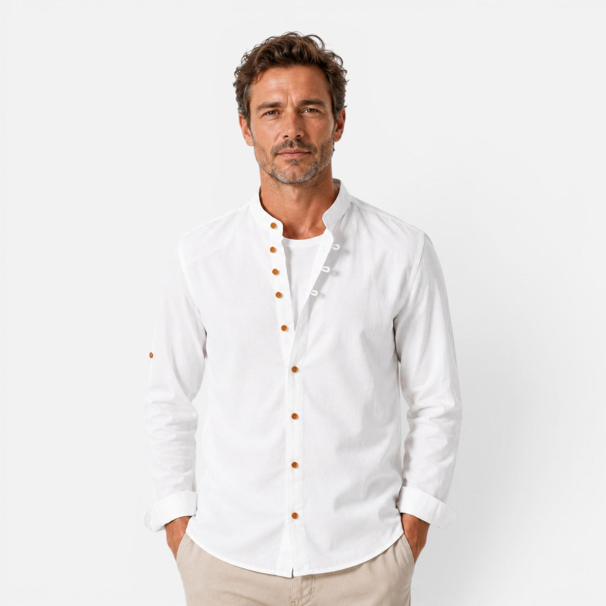 Men's Mandarin Collar Button Up Shirt Long Sleeve