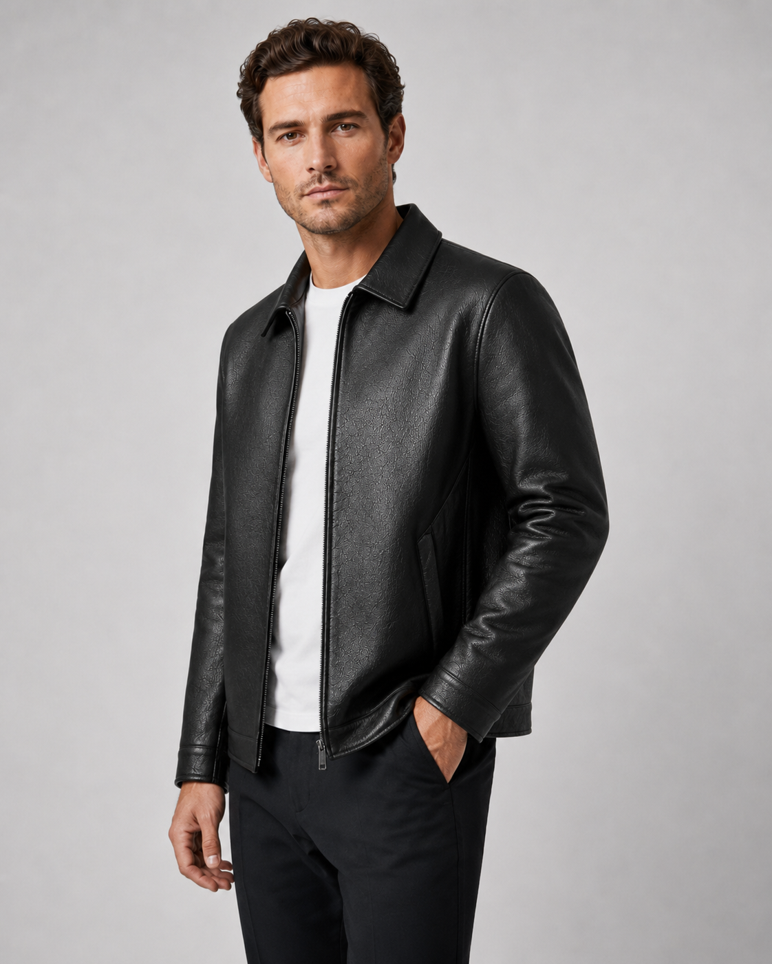 Men’s PU Leather Zip Jacket – Classic Collar Style