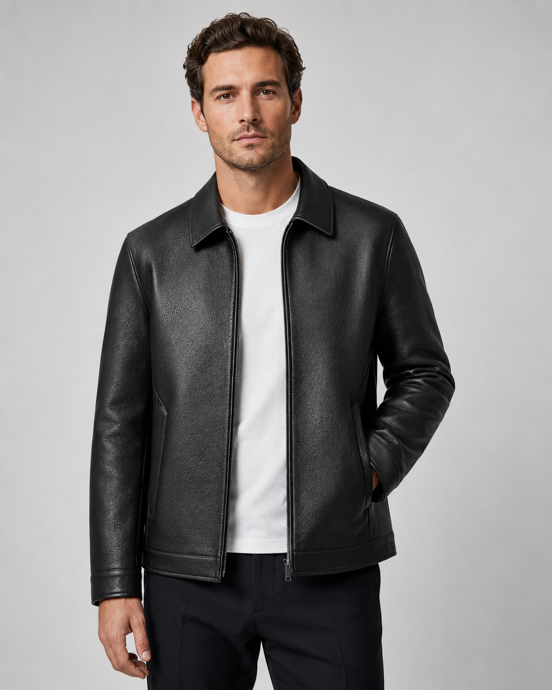 Men’s PU Leather Zip Jacket – Classic Collar Style