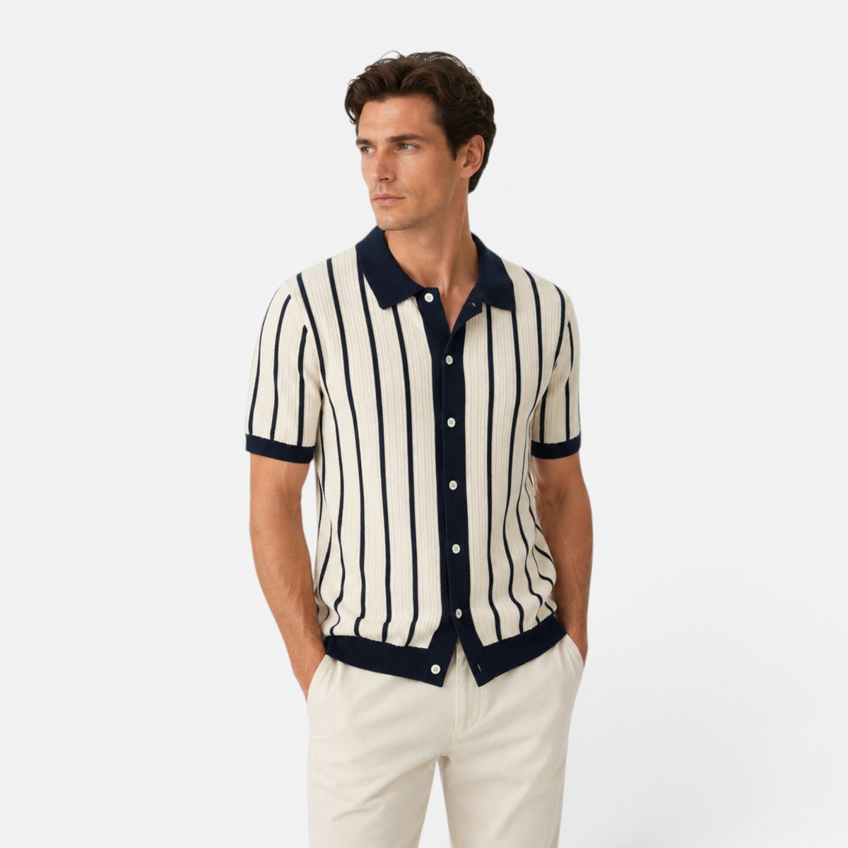 Men's Striped Knit Polo Shirt Short Sleeve Casual Top