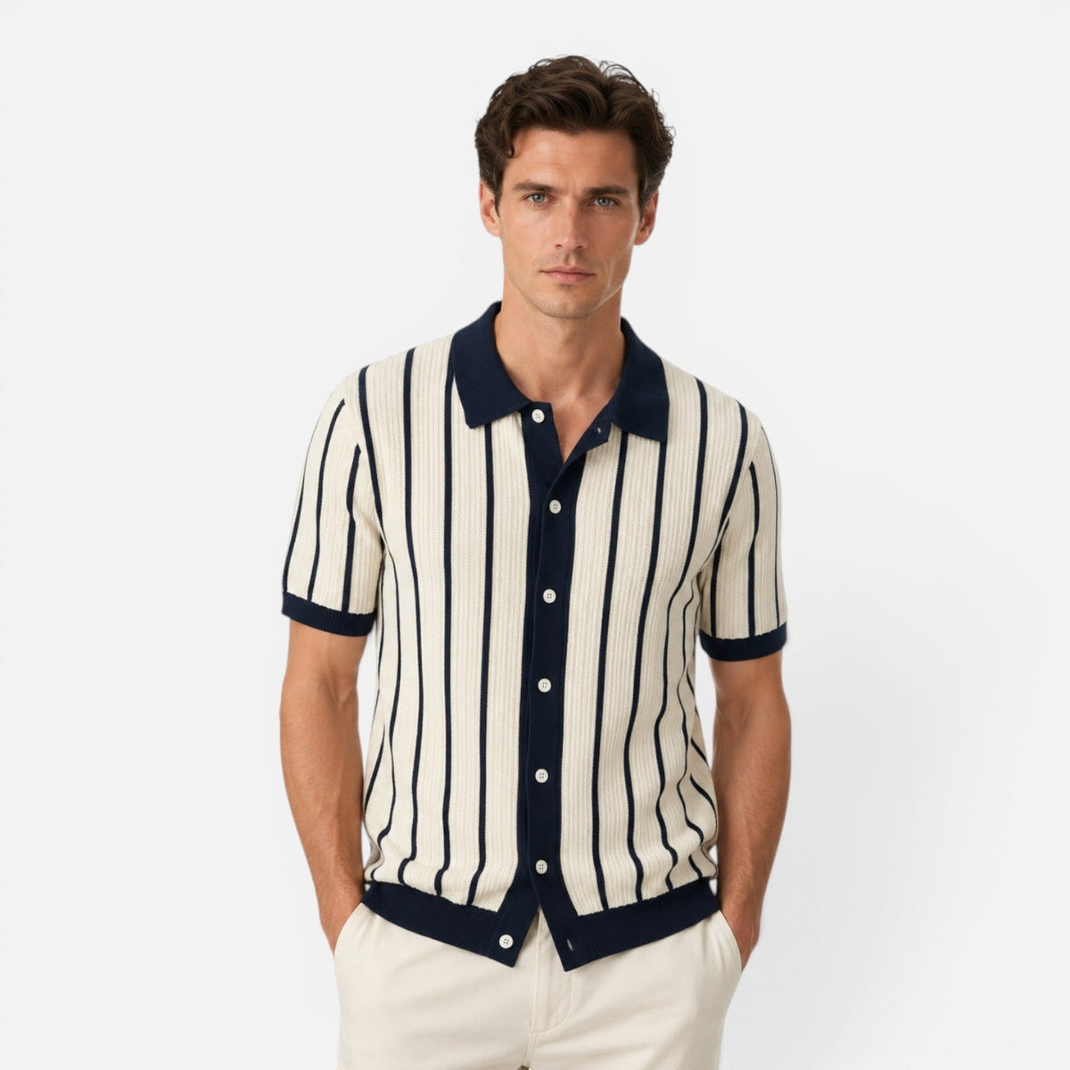 Men's Striped Knit Polo Shirt Short Sleeve Casual Top