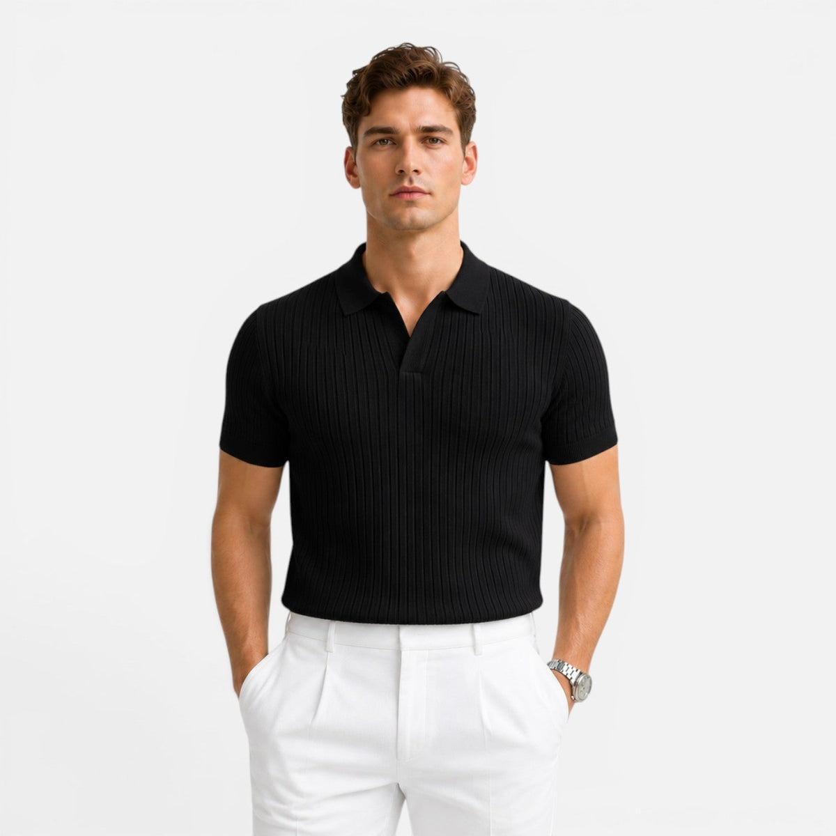 Men's Ribbed Knit Polo Shirt Short Sleeve Casual Summer Top