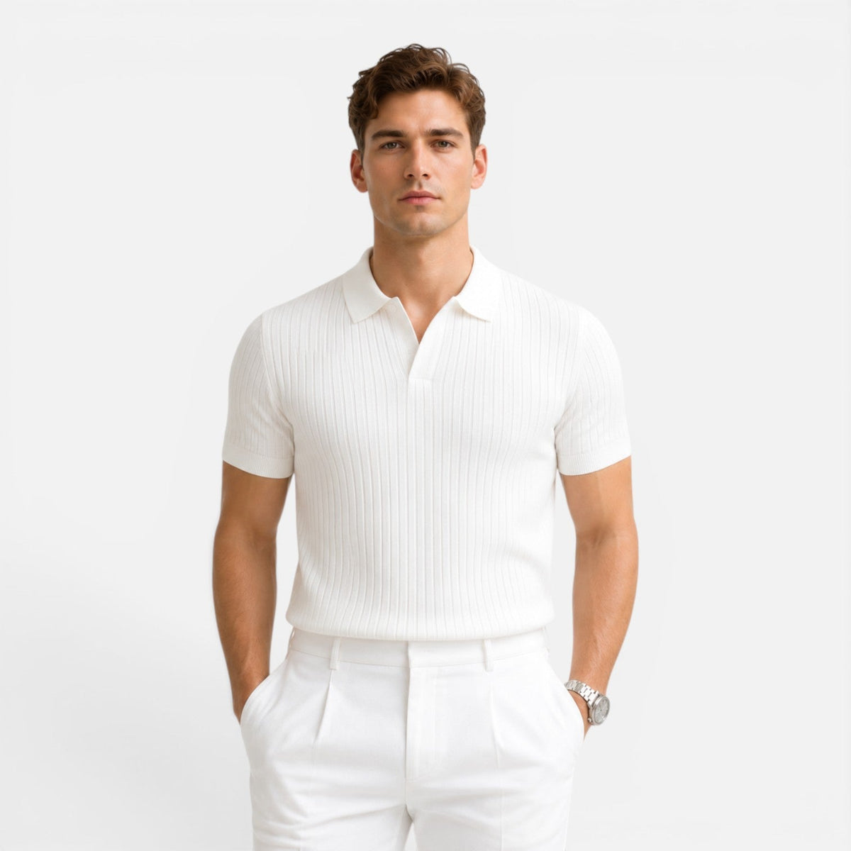 Men's Ribbed Knit Polo Shirt Short Sleeve Casual Summer Top