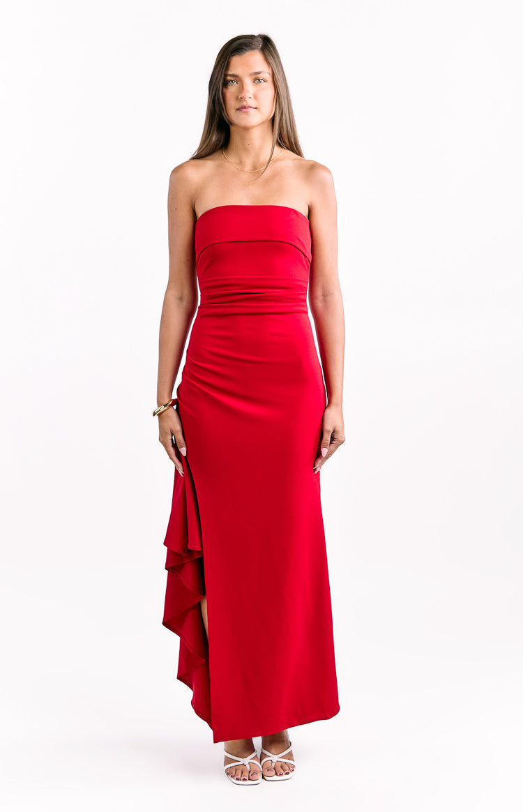 Strapless Ruched Bodice Ruffle Back Split Column Maxi Dress 2